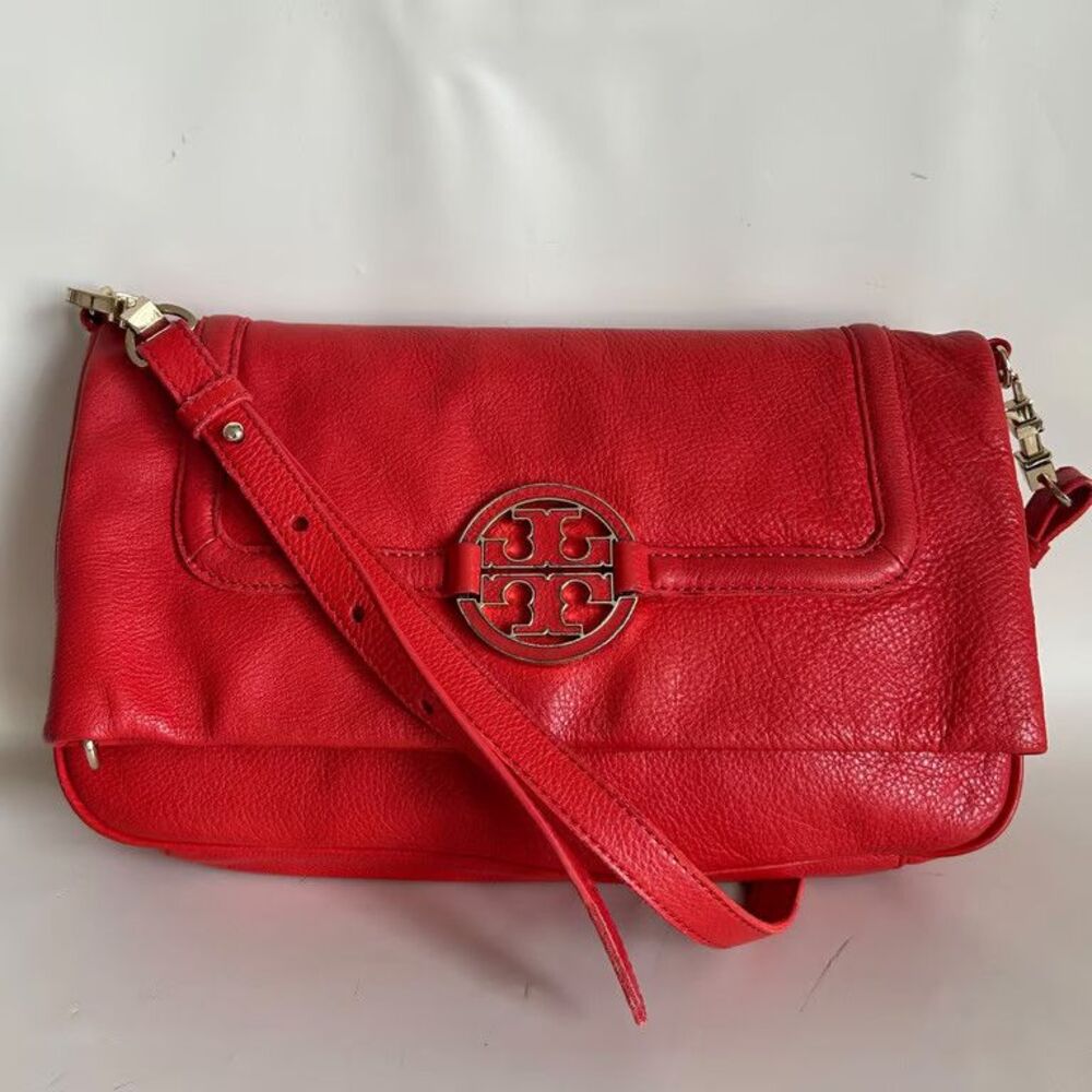 Tory Burch Amanda Foldover Crossbody Bag Red Pebbled Leather Logo Handbag Purse